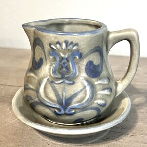 Vtg INARCO Japan Creamer & Saucer Blue Floral Crackle Glaze Stoneware E4388-Rare